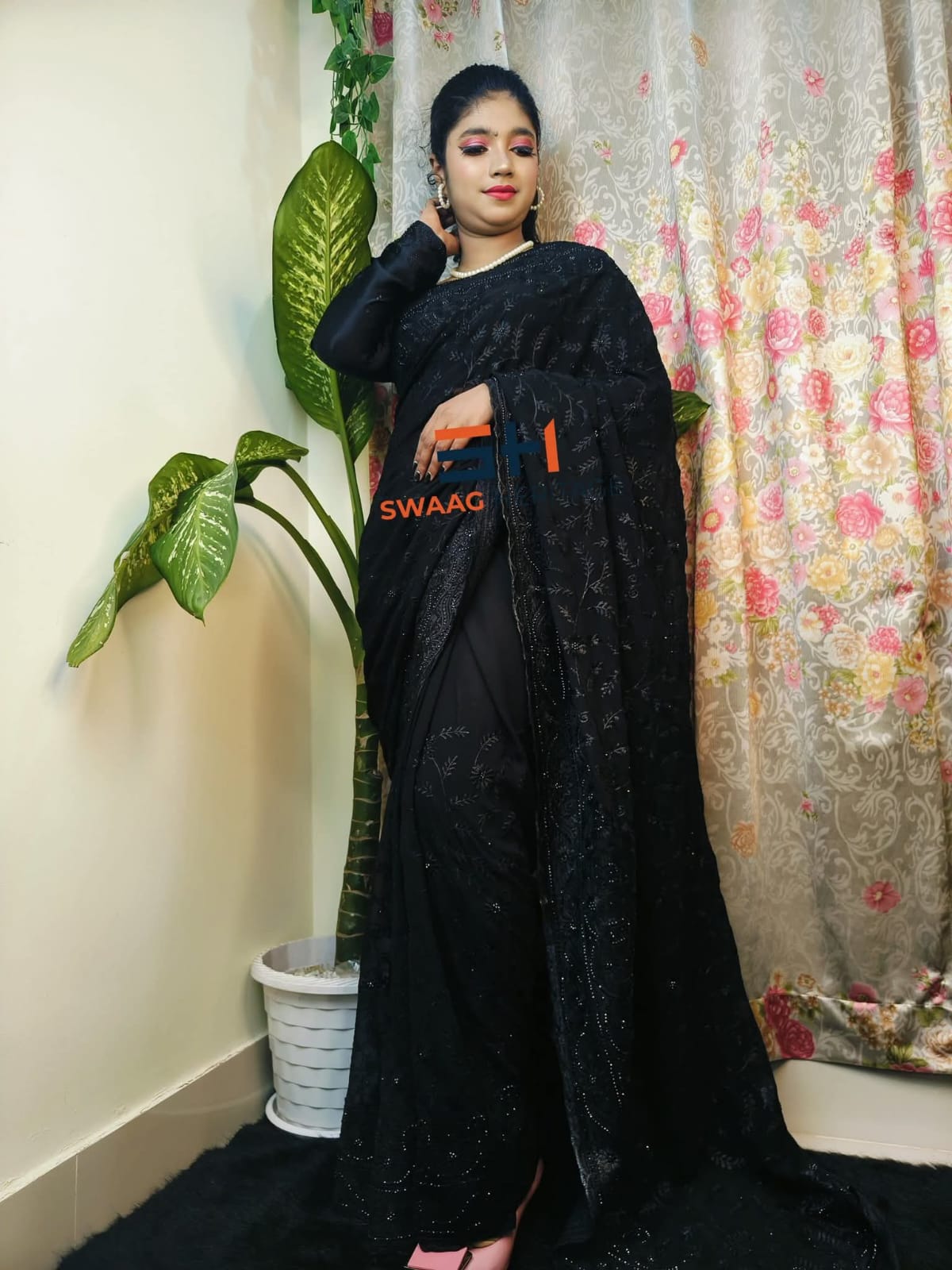 Black Soft Georgette Premium Party wear Saree – Embroidery & Golden Sequence Wor - Image 2