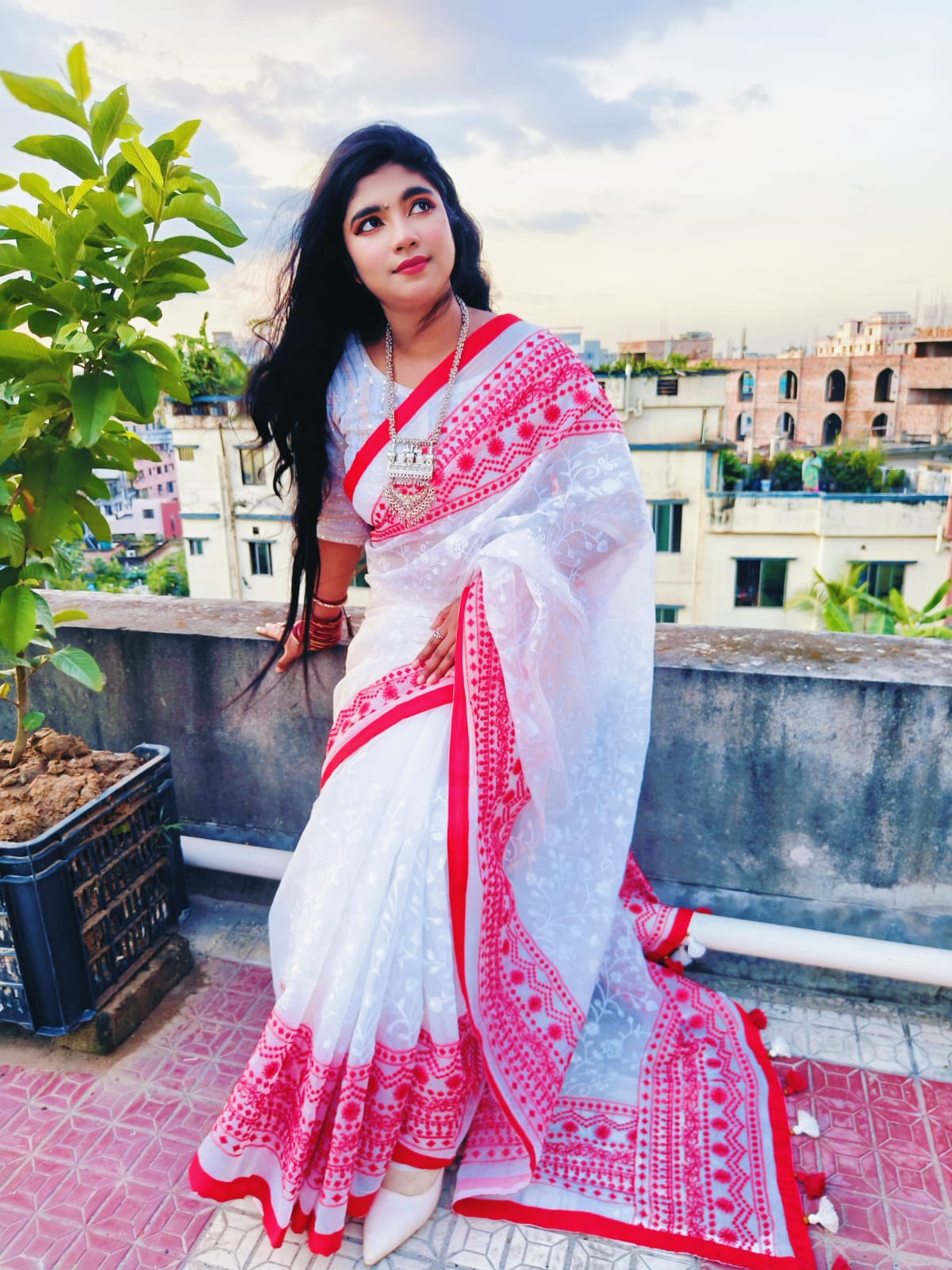White and Red Saree with Elegant Handloom Embroidery Work - Image 2
