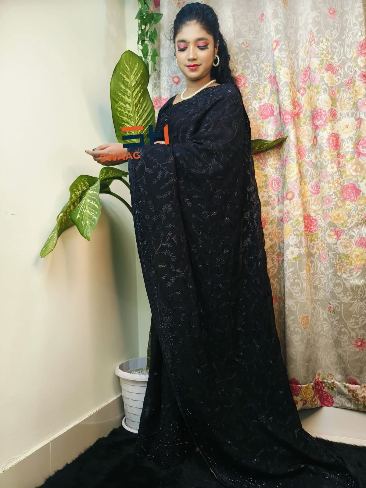 Black Soft Georgette Premium Party wear Saree – Embroidery & Golden Sequence Wor - Image 4