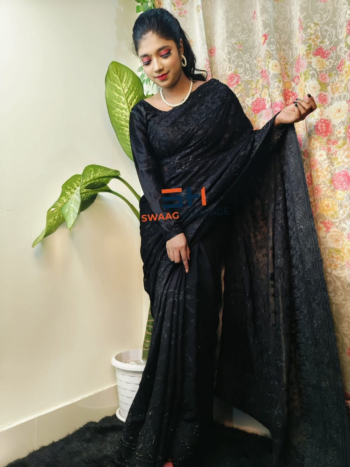 Black Soft Georgette Premium Party wear Saree – Embroidery & Golden Sequence Wor - Image 3