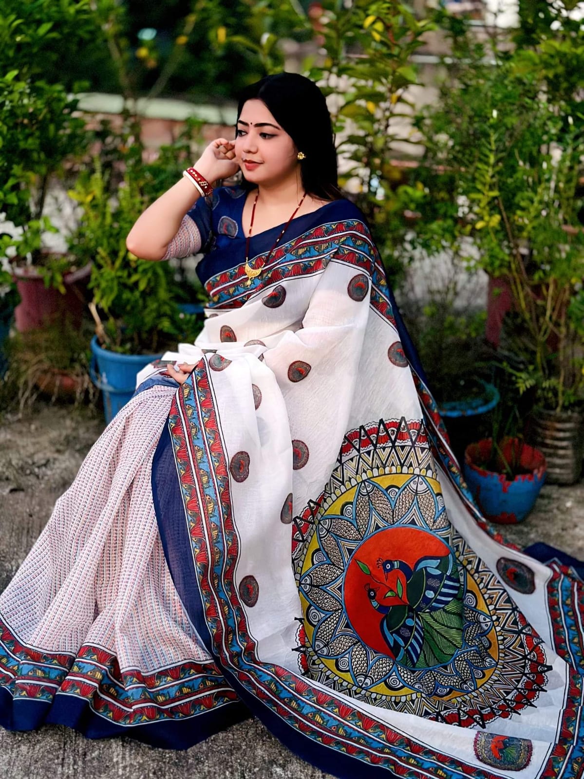 Semi Silk Digital Printed white Saree with Blouse Piece | Swaag Heritage Ethnic Wear - Image 3