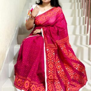 Elegant Half Silk Saree – Screen Print & Kushikata Lace Border with blouse piece