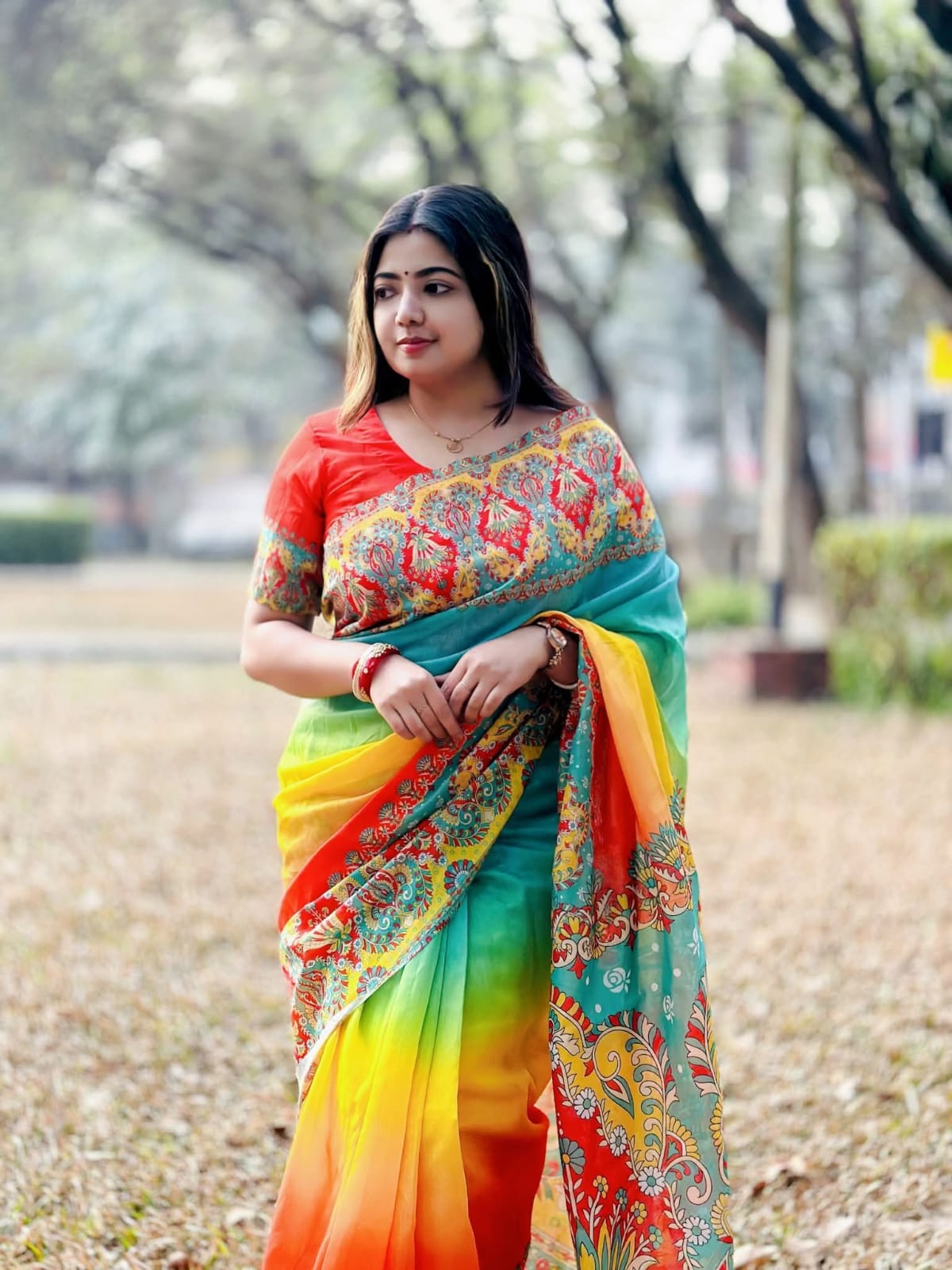 Semi Silk Digital Printed Red Saree with Blouse Piece | Swaag Heritage Ethnic Wear