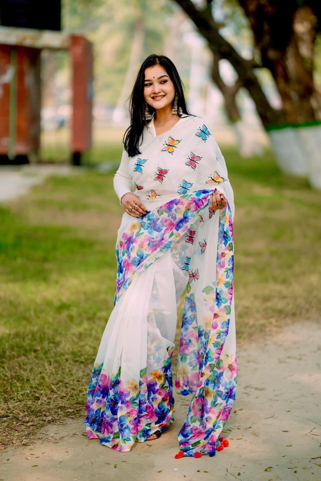 Half Silk Digital Printed white butterfly Saree with Blouse Piece | - Image 2