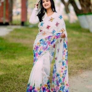 Half Silk Digital Printed white butterfly Saree with Blouse Piece |