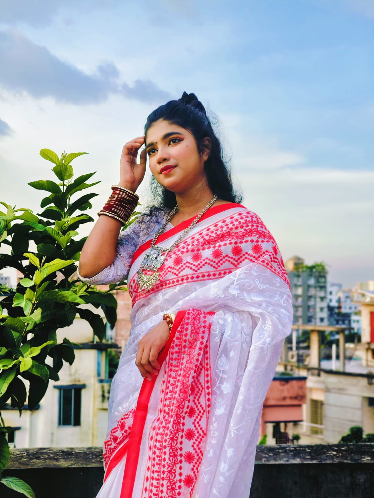 White and Red Saree with Elegant Handloom Embroidery Work