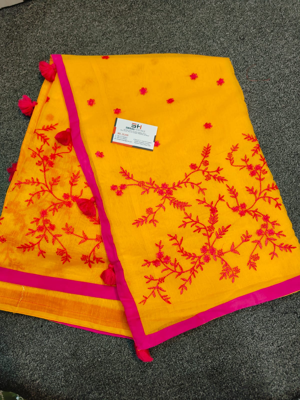Muslin yellow Handloom work embroidery saree | Swaag Heritage Exclusive