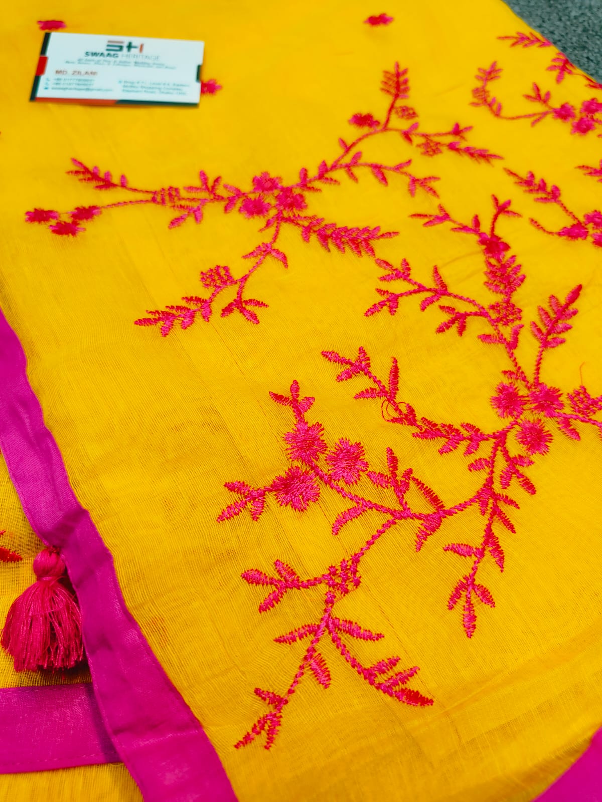 Muslin yellow Handloom work embroidery saree | Swaag Heritage Exclusive - Image 4