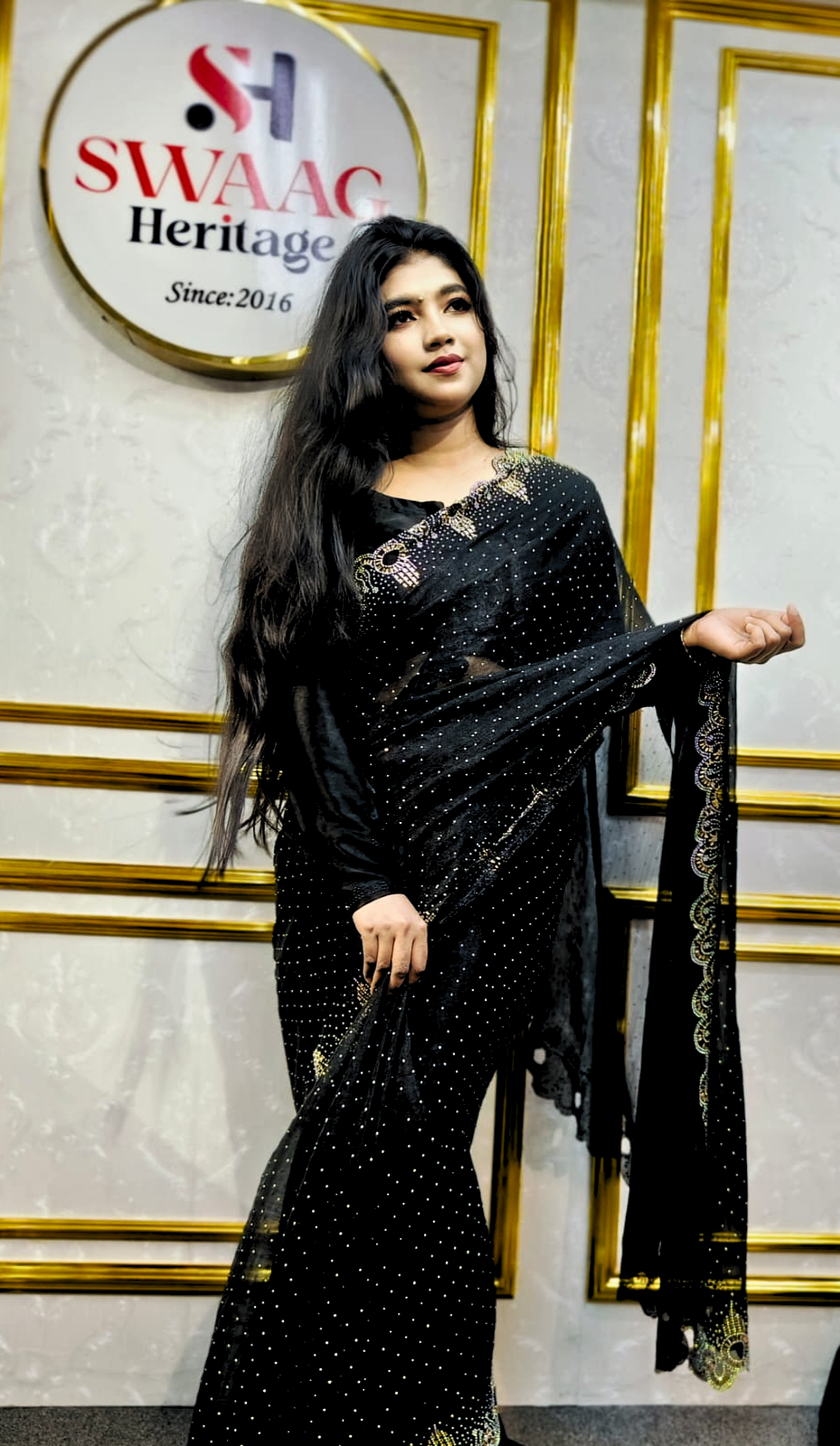 Black Afghani Fendy Silk Saree with Elegant sparky real Stone Work | SWAAG Heritage - Image 3