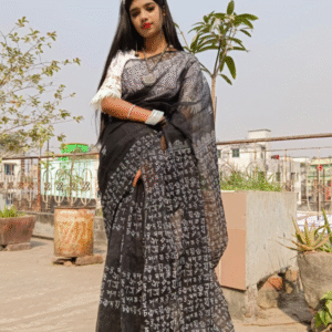 SWAAG Heritage 21 E February Black Script Motif/Hand block Half silk Saree