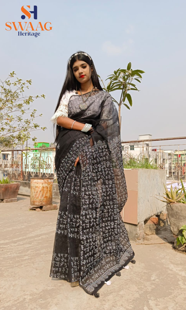 SWAAG Heritage 21 E February Black Script Motif/Hand block Half silk Saree