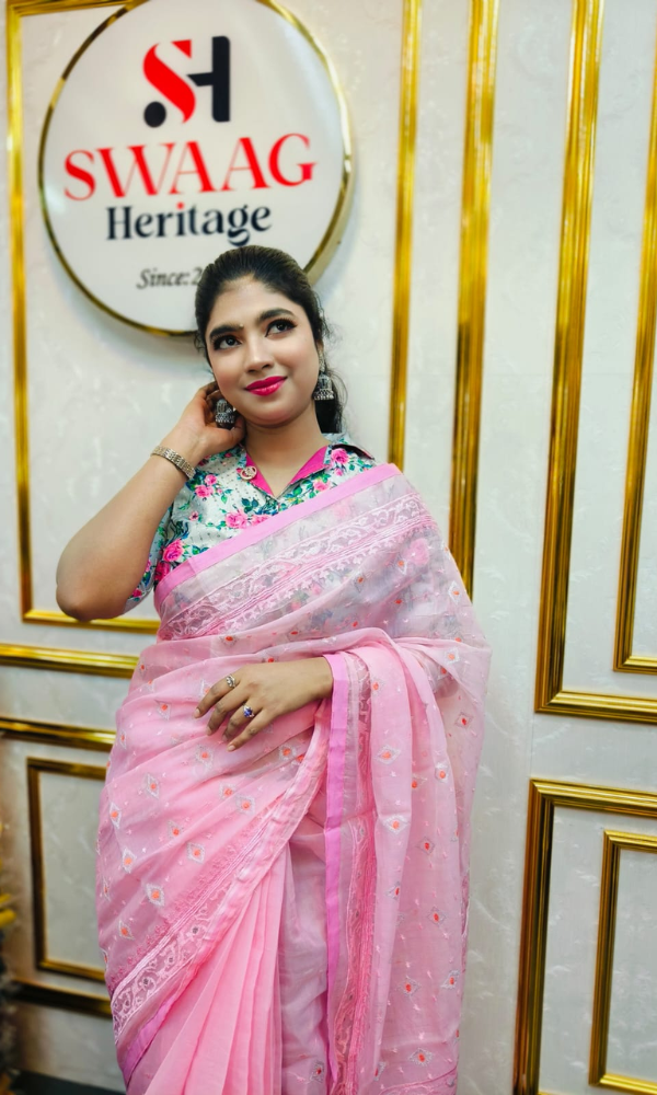 Handloom Muslin Saree with All Over Thread work | Jamdani Motif inspired - Image 4