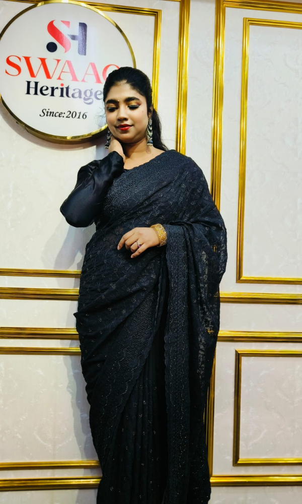 Black Soft Georgette Premium Party Wear Saree - Barish Embroidery & Real Stone Work - Image 4