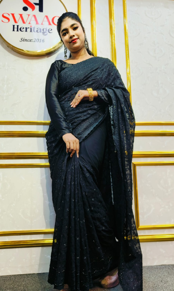 Black Soft Georgette Premium Party Wear Saree - Barish Embroidery & Real Stone Work - Image 3