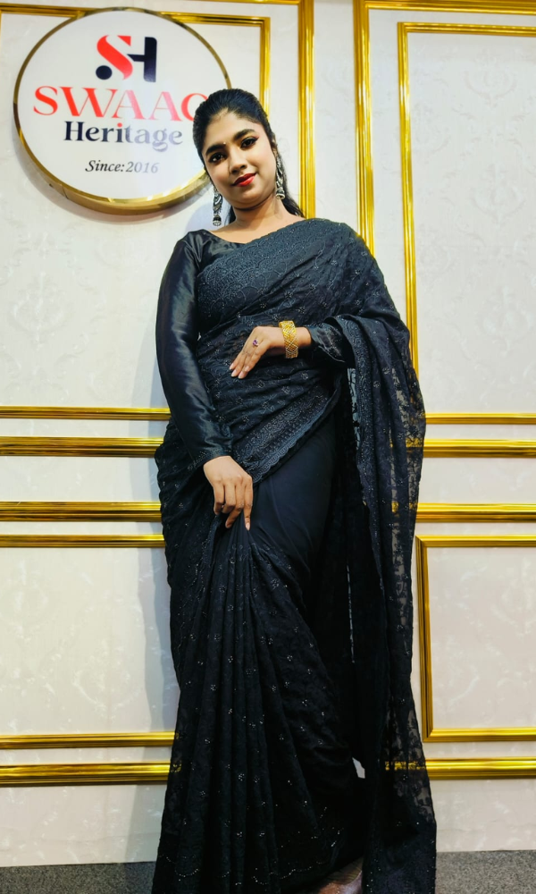 Black Soft Georgette Premium Party Wear Saree - Barish Embroidery & Real Stone Work - Image 2