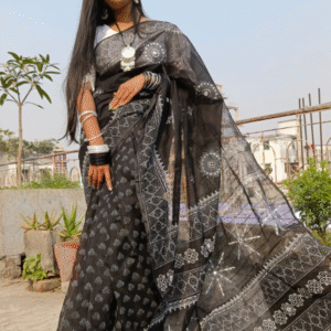 Black Heritage Block Print Cotton Saree