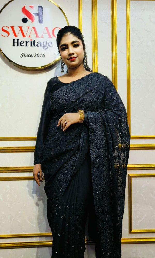 Black Soft Georgette Premium Party Wear Saree - Barish Embroidery & Real Stone Work - Image 6