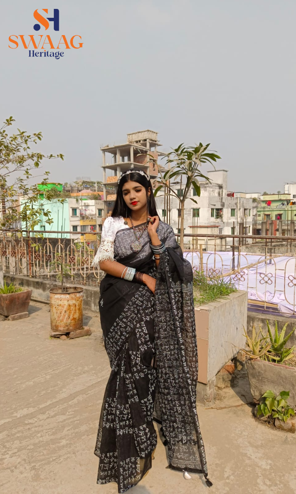 SWAAG Heritage 21 E February Black Script Motif/Hand block Half silk Saree - Image 6