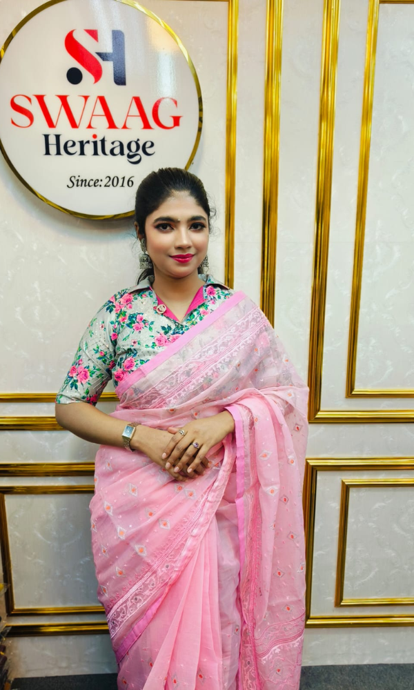 Handloom Muslin Saree with All Over Thread work | Jamdani Motif inspired