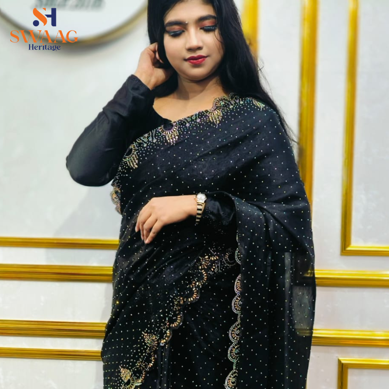 Black Afghani Fendy Silk Saree with Elegant sparky real Stone Work | SWAAG Heritage - Image 4