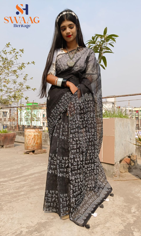 SWAAG Heritage 21 E February Black Script Motif/Hand block Half silk Saree - Image 5