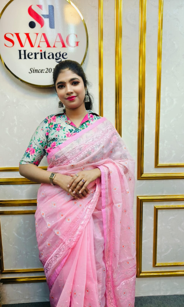 Handloom Muslin Saree with All Over Thread work | Jamdani Motif inspired - Image 3