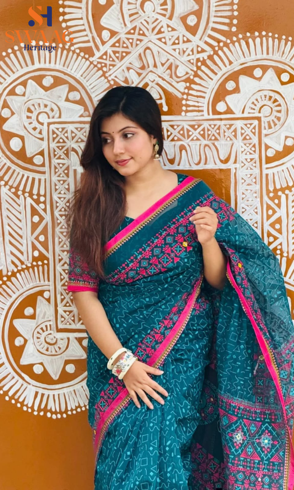 Premium Cotton Saree in Teal Green with Pink Border–Festive Wear Saree - Image 5