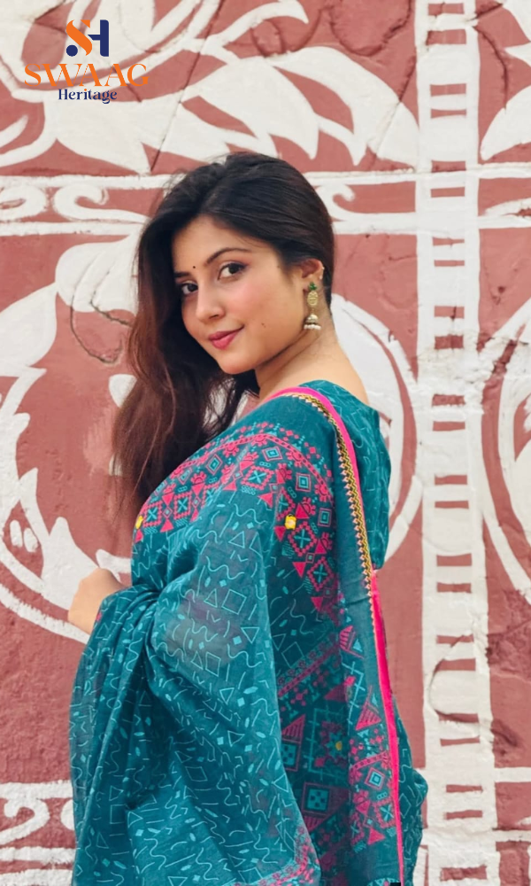 Premium Cotton Saree in Teal Green with Pink Border–Festive Wear Saree - Image 3