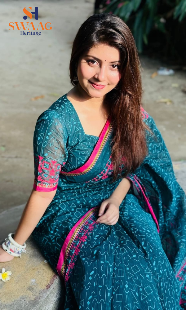 Premium Cotton Saree in Teal Green with Pink Border–Festive Wear Saree