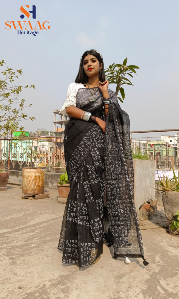 SWAAG Heritage 21 E February Black Script Motif/Hand block Half silk Saree - Image 3