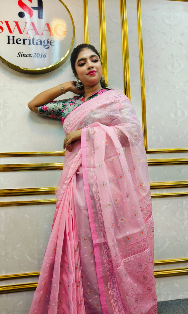 Handloom Muslin Saree with All Over Thread work | Jamdani Motif inspired - Image 5
