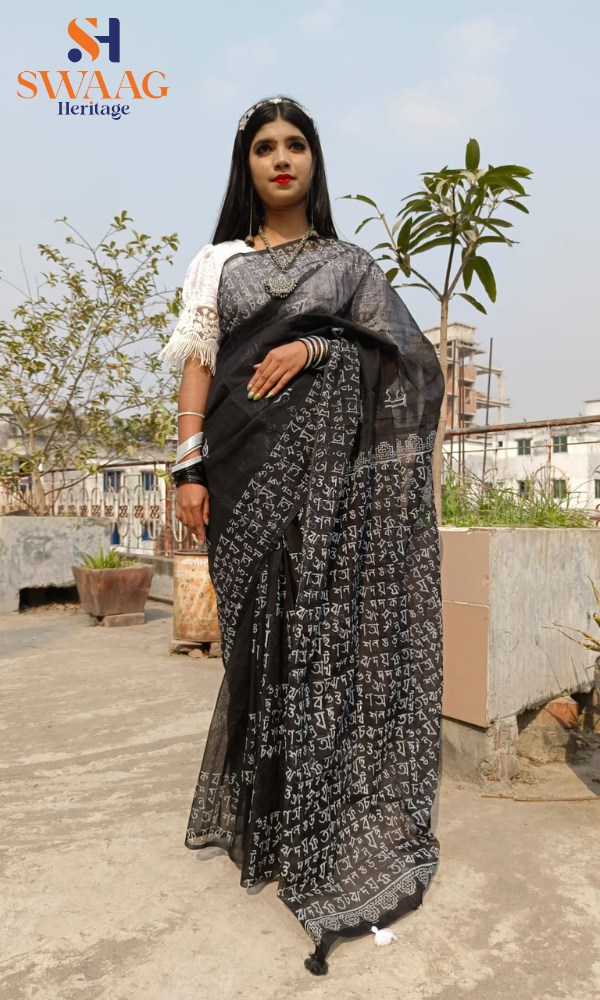 SWAAG Heritage 21 E February Black Script Motif/Hand block Half silk Saree - Image 2