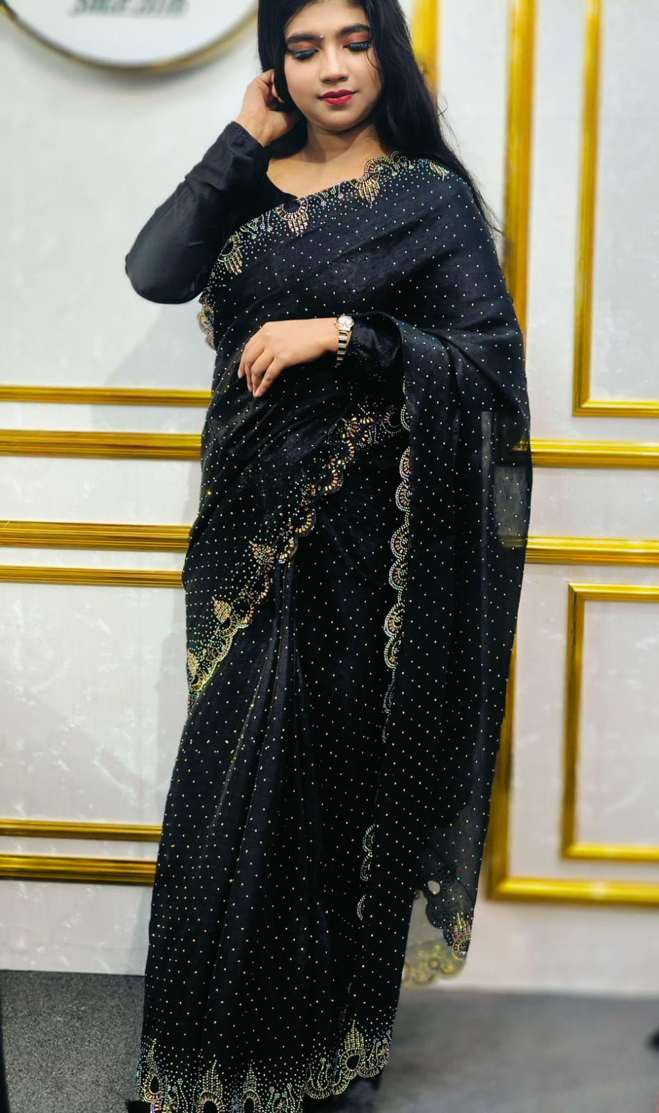 Black Afghani Fendy Silk Saree with Elegant sparky real Stone Work | SWAAG Heritage - Image 5
