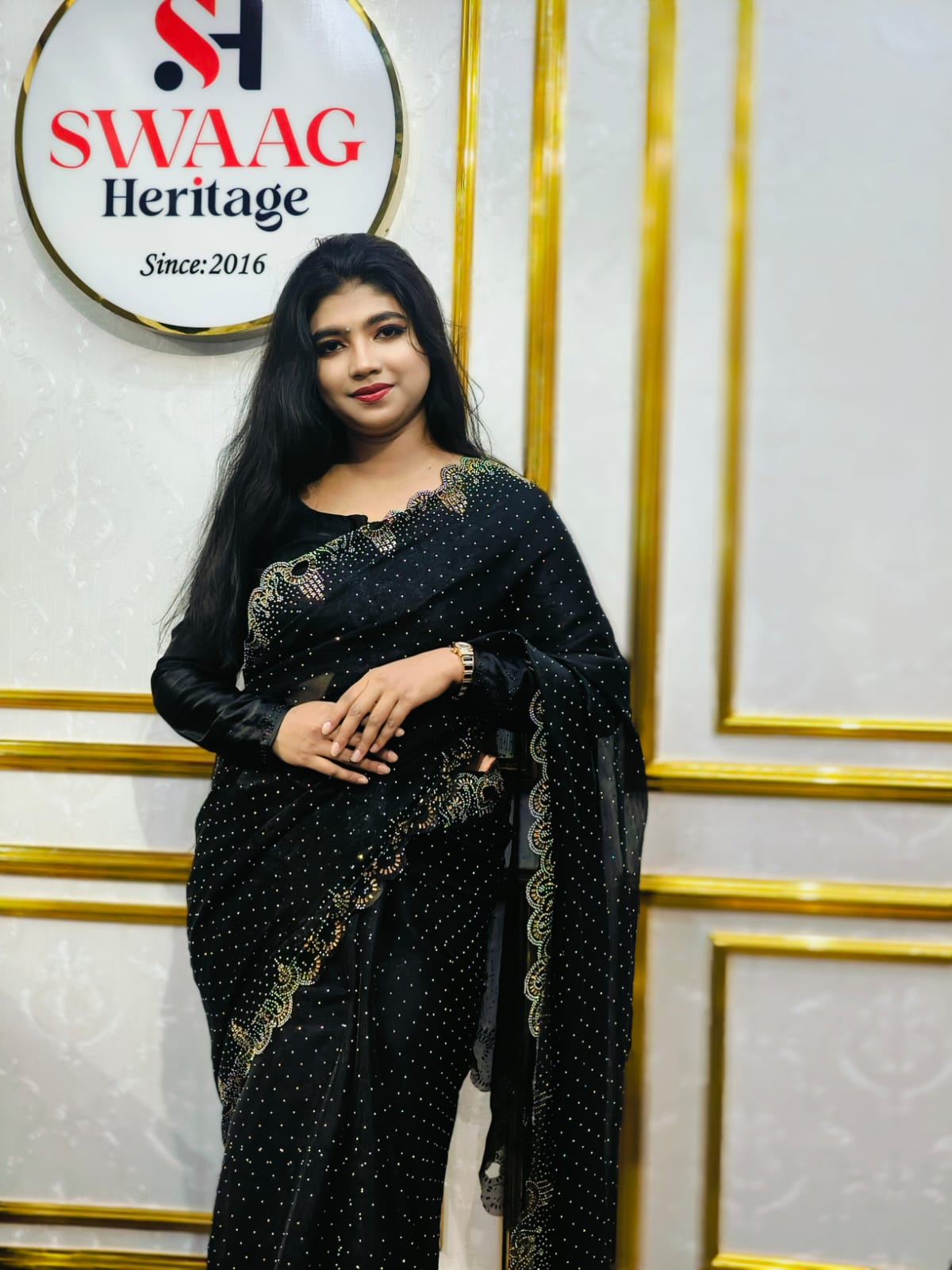 Black Afghani Fendy Silk Saree with Elegant sparky real Stone Work | SWAAG Heritage
