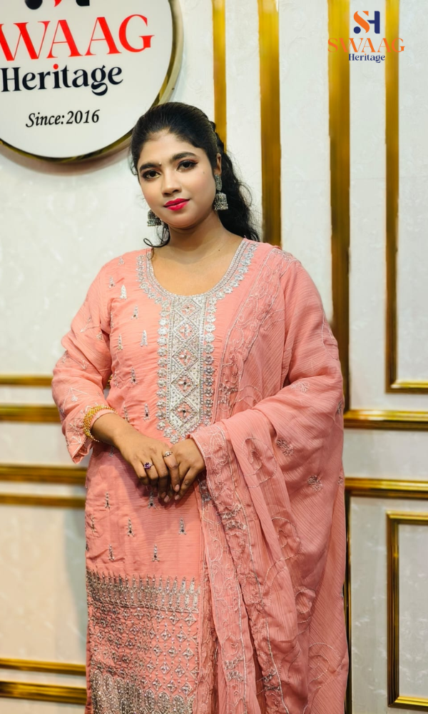 Soft Peach Zari silver Embroidered Georgette 3 Piece Dress | SWAAG Heritage