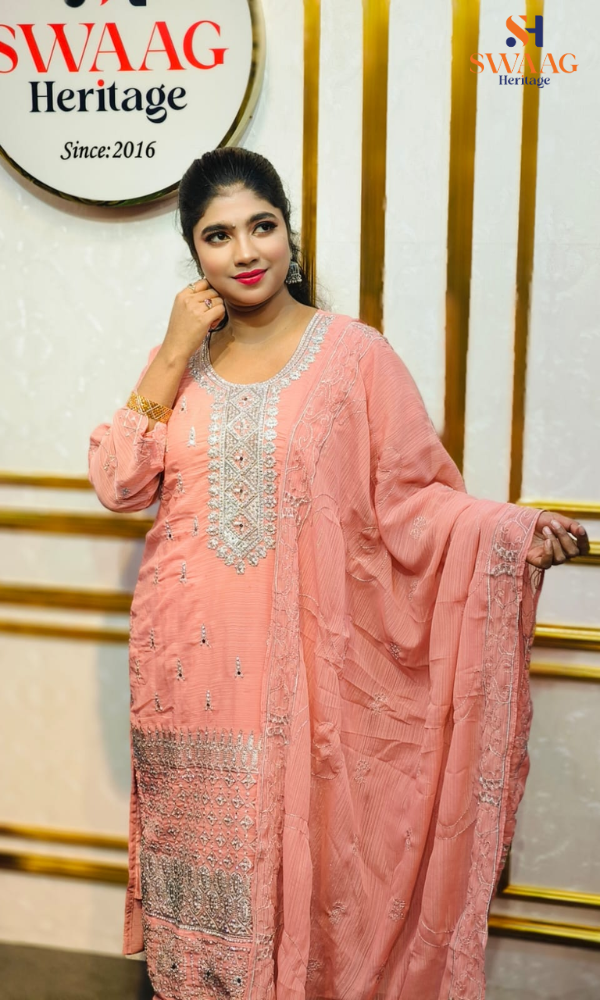 Soft Peach Zari silver Embroidered Georgette 3 Piece Dress | SWAAG Heritage - Image 4