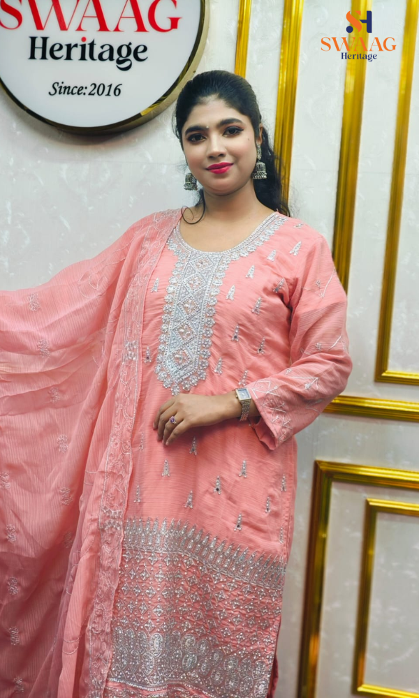 Soft Peach Zari silver Embroidered Georgette 3 Piece Dress | SWAAG Heritage - Image 3