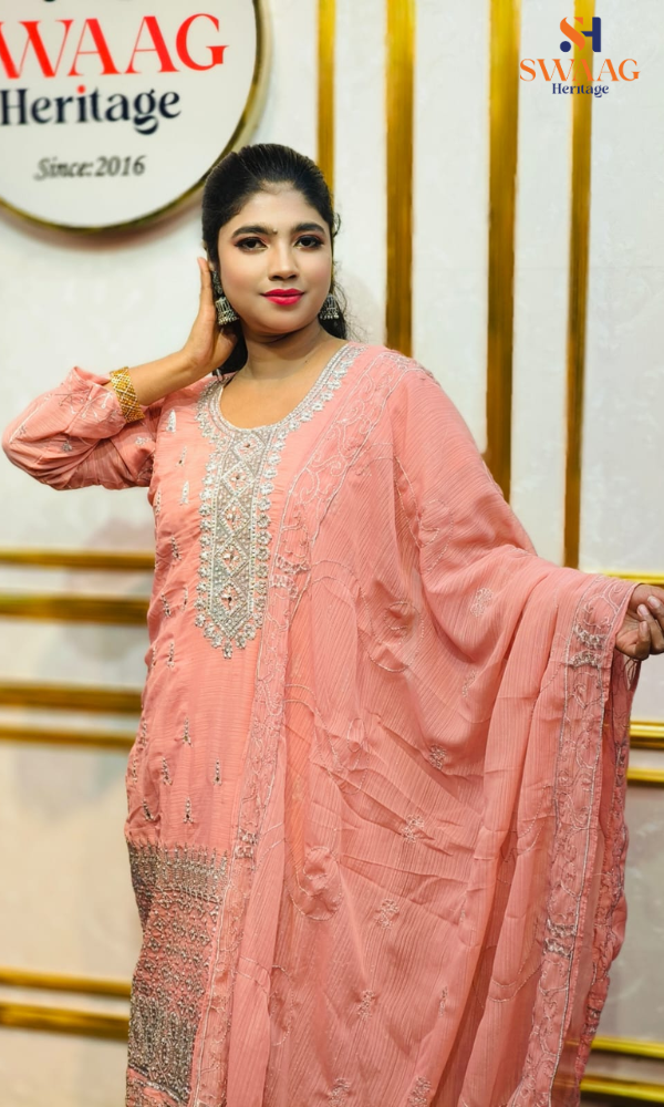 Soft Peach Zari silver Embroidered Georgette 3 Piece Dress | SWAAG Heritage - Image 2