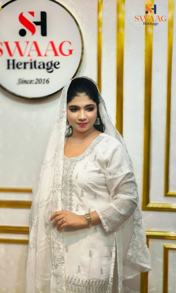 Soft Peach Zari silver Embroidered Georgette 3 Piece Dress | SWAAG Heritage