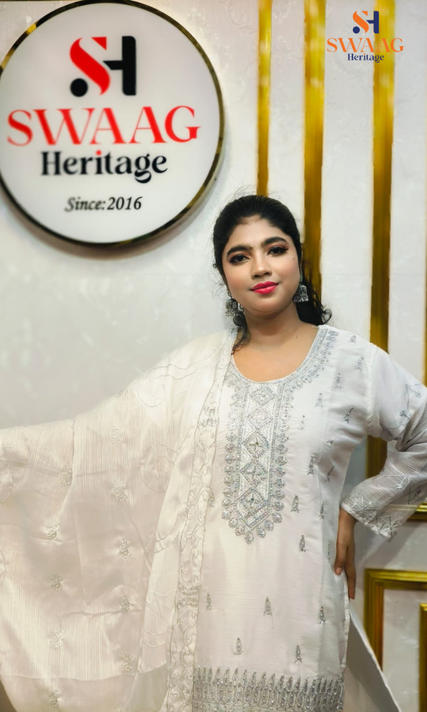 Soft Peach Zari silver Embroidered Georgette 3 Piece Dress | SWAAG Heritage - Image 3