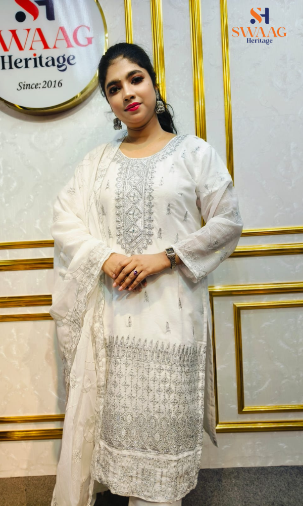 Soft Peach Zari silver Embroidered Georgette 3 Piece Dress | SWAAG Heritage - Image 2