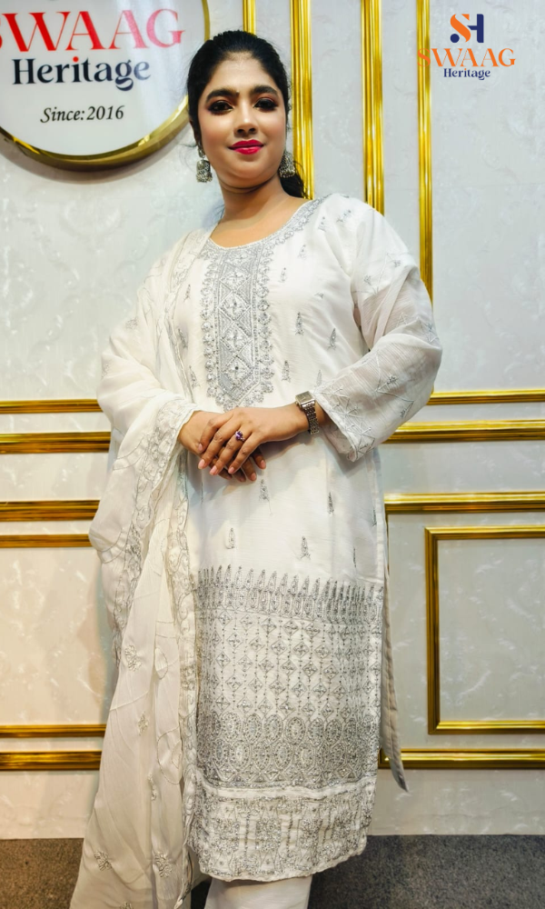 Soft Peach Zari silver Embroidered Georgette 3 Piece Dress | SWAAG Heritage - Image 5