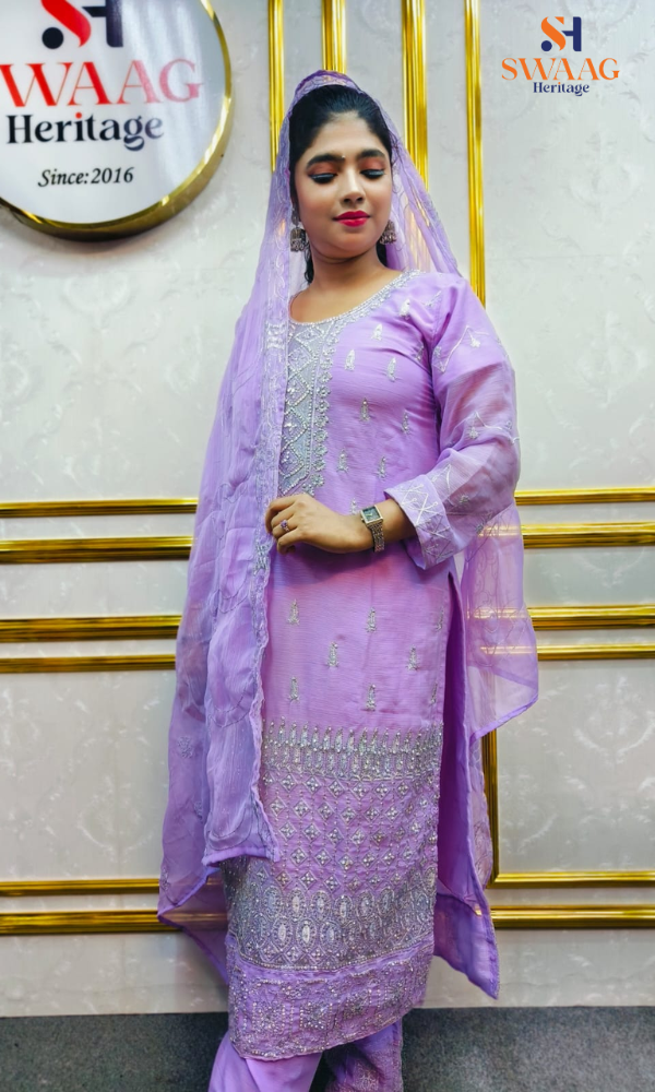 Soft Peach Zari silver Embroidered Georgette 3 Piece Dress | SWAAG Heritage - Image 4