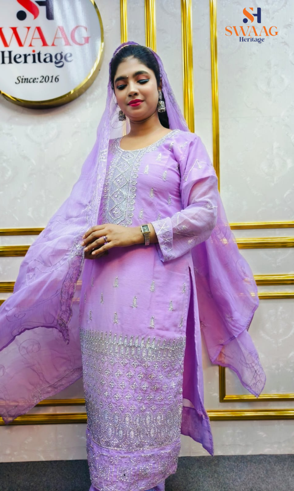 Soft Peach Zari silver Embroidered Georgette 3 Piece Dress | SWAAG Heritage - Image 3