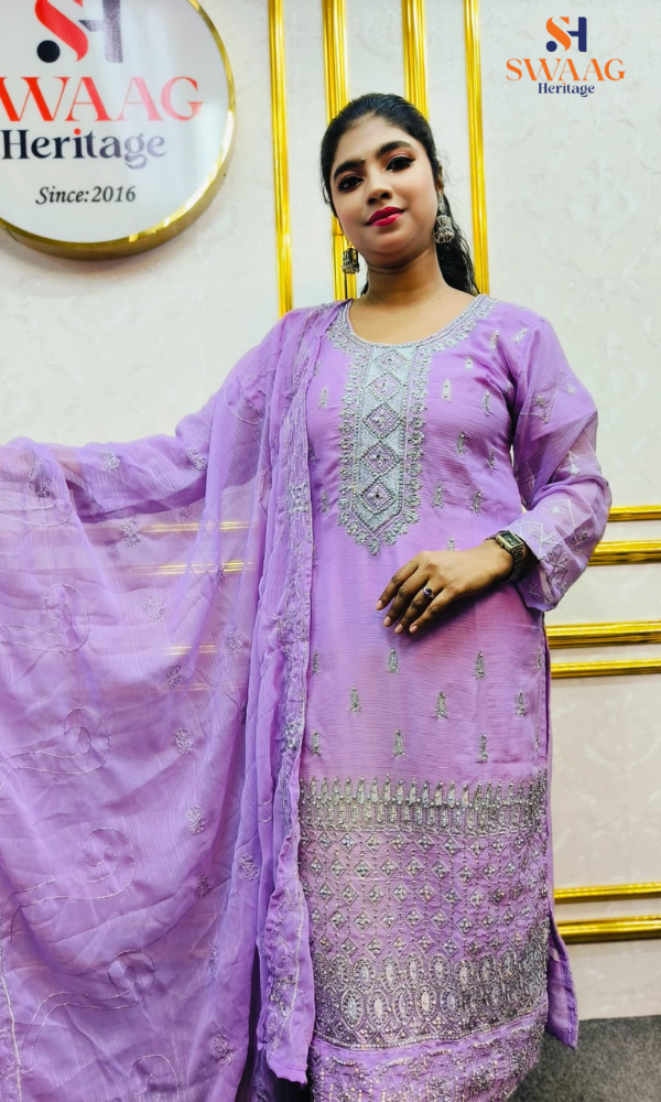 Soft Peach Zari silver Embroidered Georgette 3 Piece Dress | SWAAG Heritage - Image 2