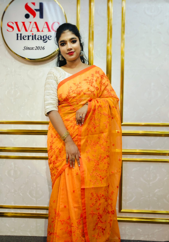 Sunset Bloom Embroidered Semi Silk Saree - Image 6