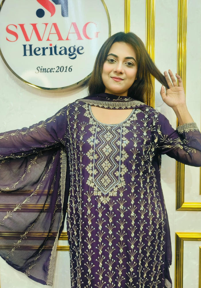 Premium Zari Embroidered chiffon Georgette 3 Piece Dress | SWAAG Heritage