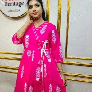 Magenta Leaf Print Cotton Long Anarkoli  Kurti Set