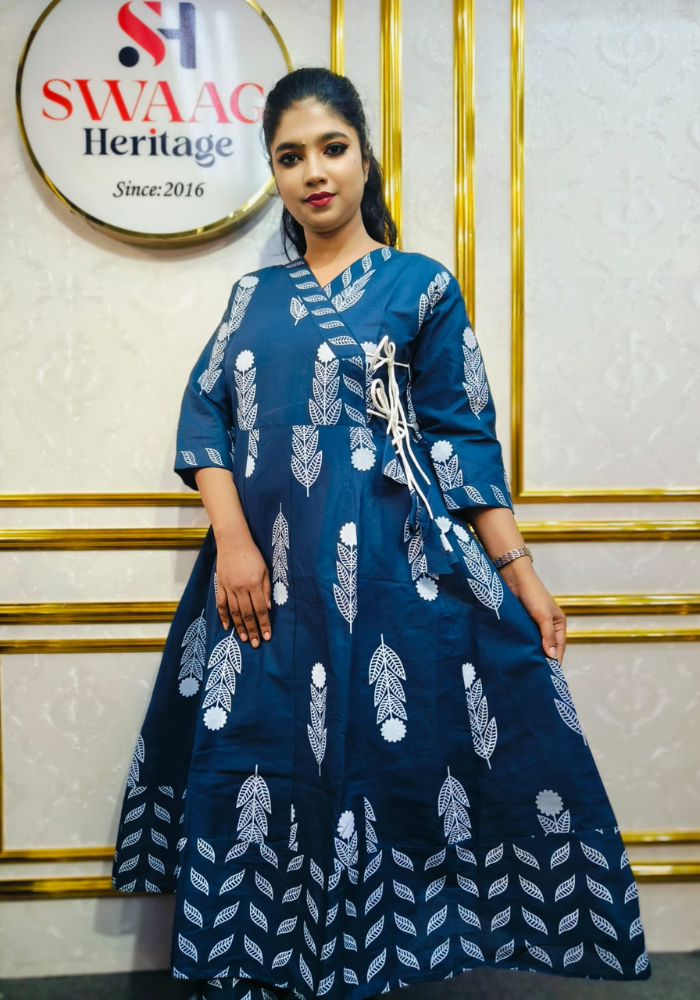 Nevi blue Leaf Print Cotton Long Anarkoli Kurti Set - Image 6