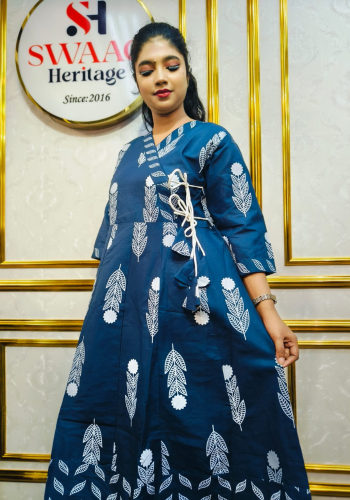 Nevi blue Leaf Print Cotton Long Anarkoli Kurti Set - Image 5